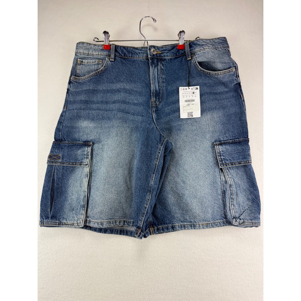 Bershka Denim Cargo Shorts Mens Size 32 Blue Cotton Utility Jean Shorts NWT